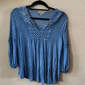 one world live and let live PM blue peasant top